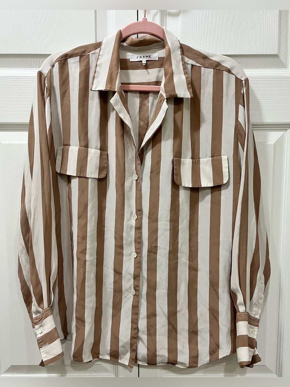 [FRAME] The Oversized Shirt in a tan and white vertical stripe pattern, large.